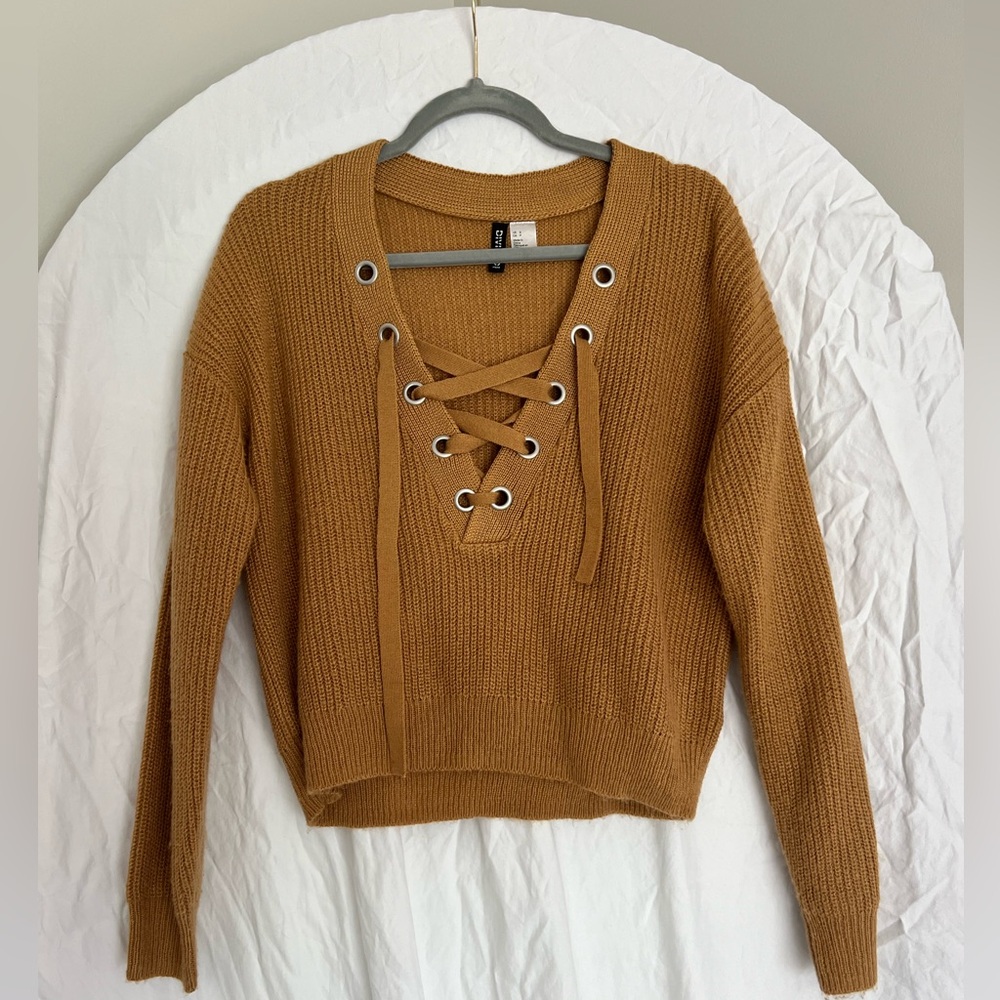 Crop Sweater with Lace Up Detail